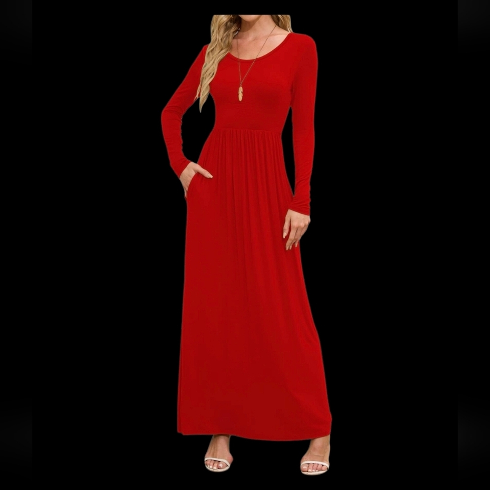 Red Long Sleeve Crewneck Maxi Dress Empire Waisted w/ Pockets - Size Medium